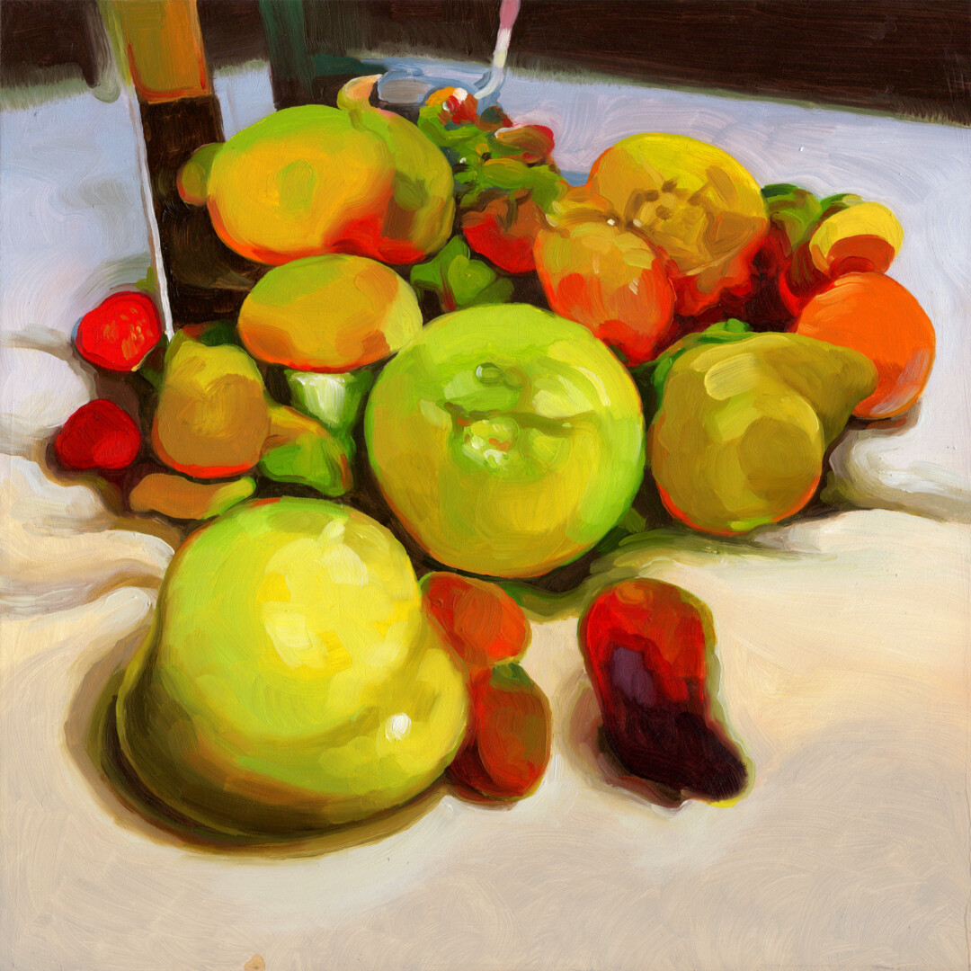 Oil on wood panel.<br>
12 x 12 in.<br><br>
<a href="https://portfolio.christianfrederiksen.com/product/pile-of-fruit-2021/">Buy Original</a><br><br>
Still life painted in collaboration with a <a href="https://en.wikipedia.org/wiki/Generative_adversarial_network" target="_blank" rel="noopener">generative adversarial network.</a>