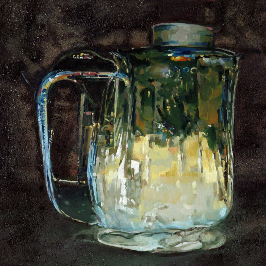 Oil and acrylic on wood panel. <br>
12 x 12 in.<br><br>
<a href="https://portfolio.christianfrederiksen.com/product/water-jug-2021/">Buy Original</a><br><br>
Still life painted in collaboration with a <a href="https://en.wikipedia.org/wiki/Generative_adversarial_network" target="_blank" rel="noopener">generative adversarial network.</a>