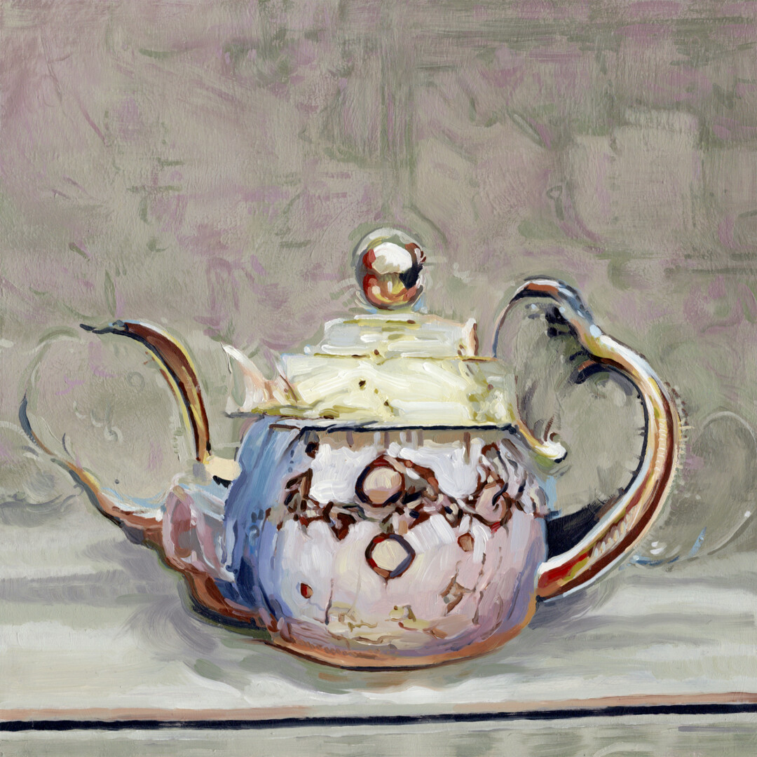 Oil and acrylic on wood panel.
12 x 12 in.<br><br>
<a href="https://portfolio.christianfrederiksen.com/product/teapot-2021/">Buy Original</a><br><br>
Still life painted in collaboration with a <a href="https://en.wikipedia.org/wiki/Generative_adversarial_network" target="_blank" rel="noopener">generative adversarial network.</a>