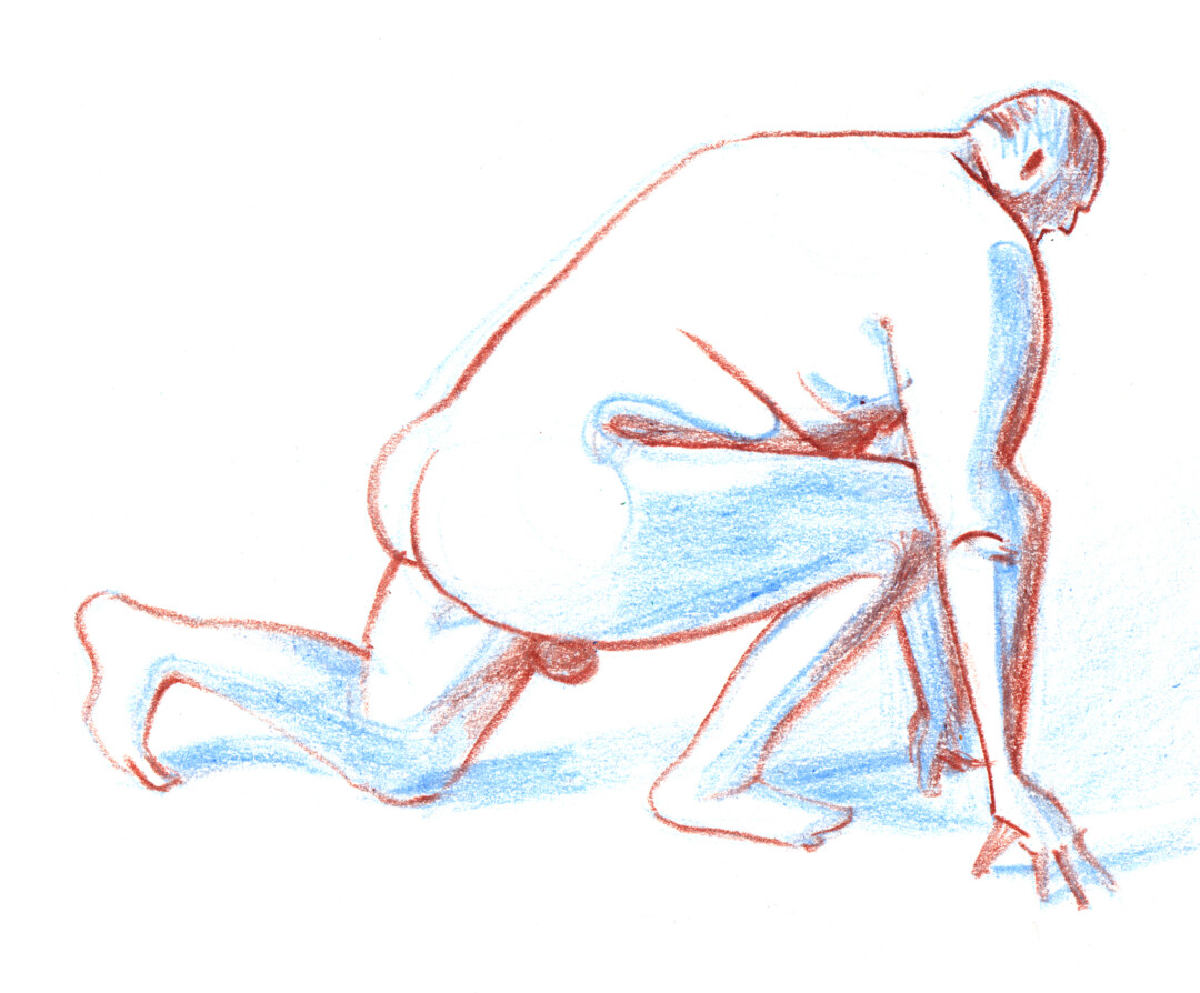 Wax crayon on paper.<br>
9.5 x 7.75 in.<br><br>
<a href="https://portfolio.christianfrederiksen.com/product/crouching-man-2020/">Buy Original</a><br><br>