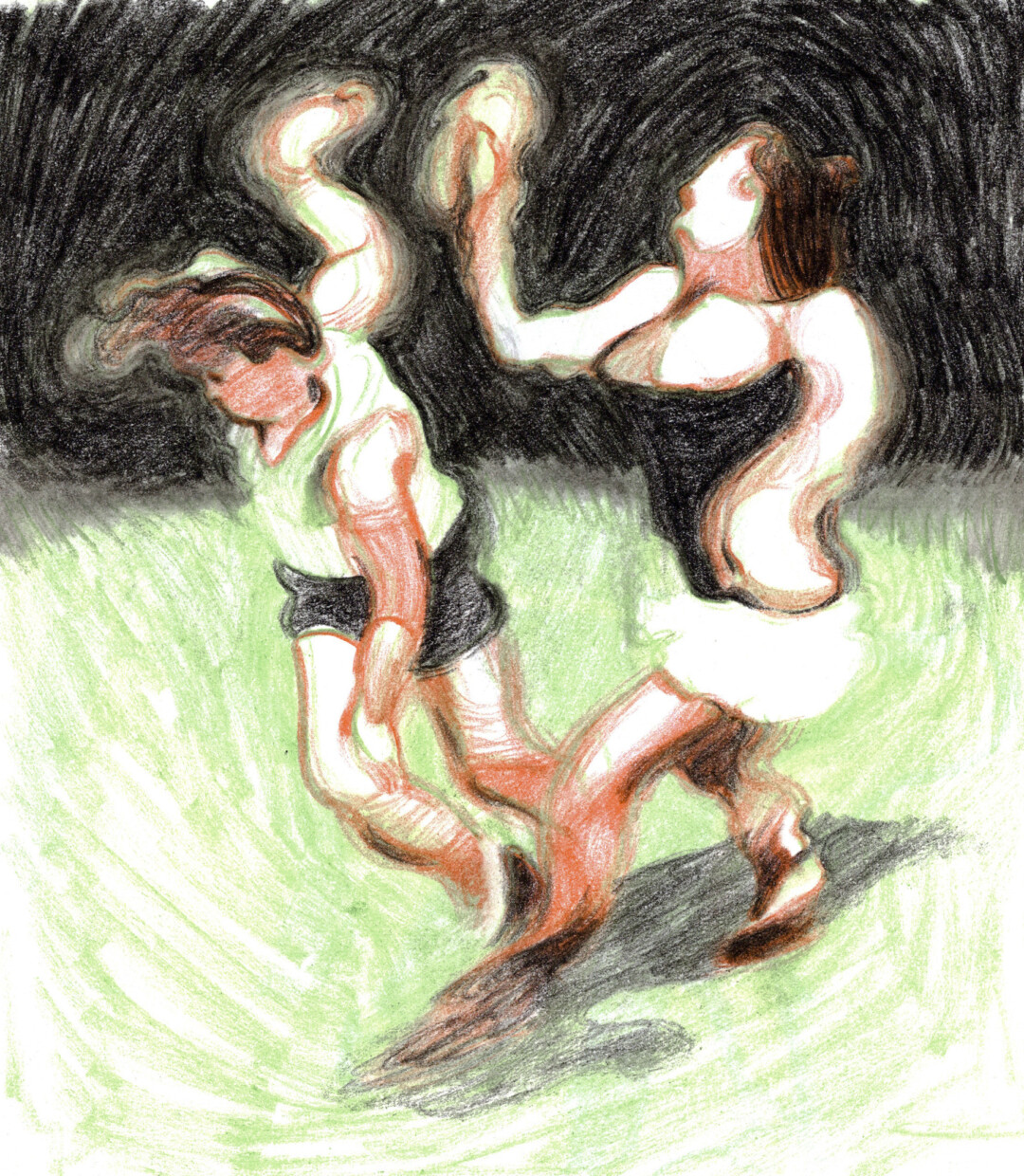 Soft pastel on paper.<br>
7.5 x 8.5 in.<br><br>
<a href="https://portfolio.christianfrederiksen.com/product/digitally-enhanced-fight-scene-2021/">Buy Original</a><br><br>
I used a still image from a low quality video as reference. I found it an interesting challenge to translate motion blur and digital artefacts into an analog drawing.