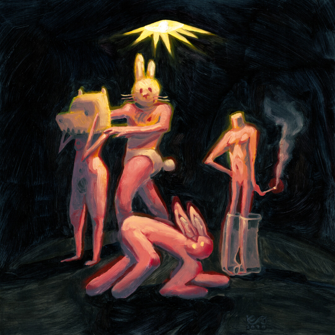 Oil and acrylic on illustration board.<br>
16.5 x 16.5 in.<br><br>
<a href="https://portfolio.christianfrederiksen.com/product/sick-party-2021/" target="_blank" rel="noopener">Buy Original or Prints</a><br><br>
A collection of characters found through automatic drawing and brought together to form an eerie ensemble.