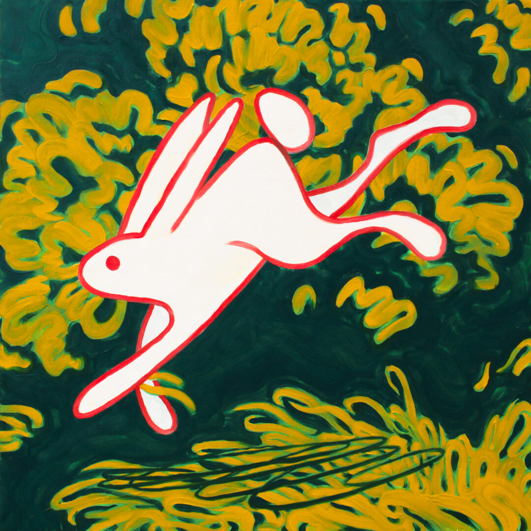 Oil and acrylic on wood panel.<br>
24 x 24 in.<br><br>
<a href="https://portfolio.christianfrederiksen.com/product/bounding-hare-2021/">Buy Original</a><br><br>
One day I caught a brief glimpse of a documentary about rabbits and made a sketch inspired by a moment in a rabbit's jump. I generally try to preserve the raw energy of the initial sketch when moving to a larger painting. Hares are a common sight in my semi-urban habitat - always around, but evading you - and serve as a reminder both of my animal nature and my artificial distance from it.