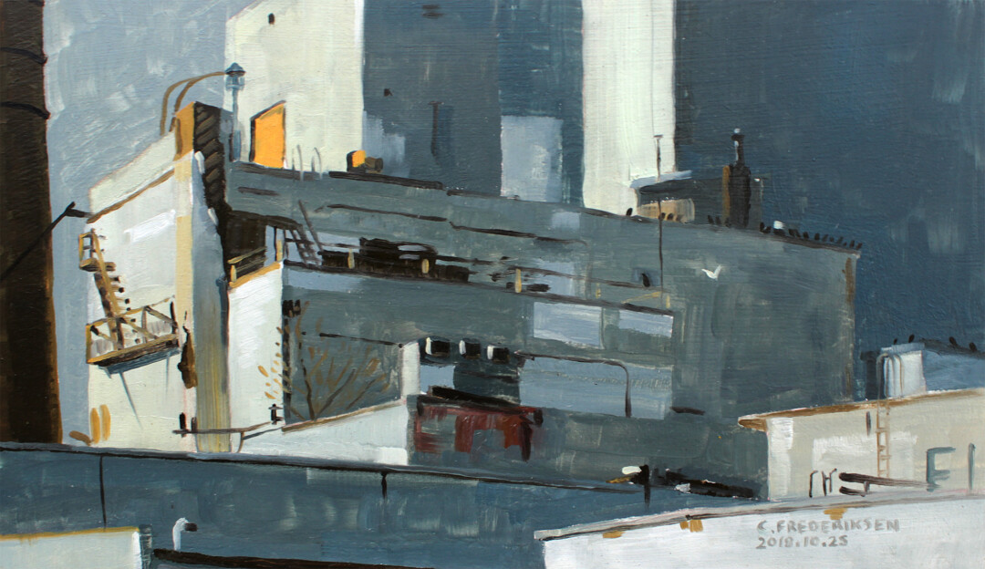 Oil on hardboard.</br>
12 x 7 in.<br><br>
<a href="https://portfolio.christianfrederiksen.com/product/brewery-crows-2018/">Buy Original</a><br><br>
Painted on location at the former Molson Brewery in Inglewood.