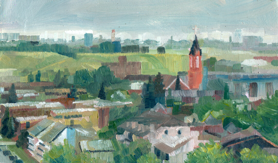 Oil on illustration board.
8.5 x 5 in.<br><br>
<a href="https://portfolio.christianfrederiksen.com/product/bridgeland-2017/">Buy Original or Prints</a><br><br>
Painted on location overlooking Bridgeland, the neighborhood I lived in from ages 8 to 12.