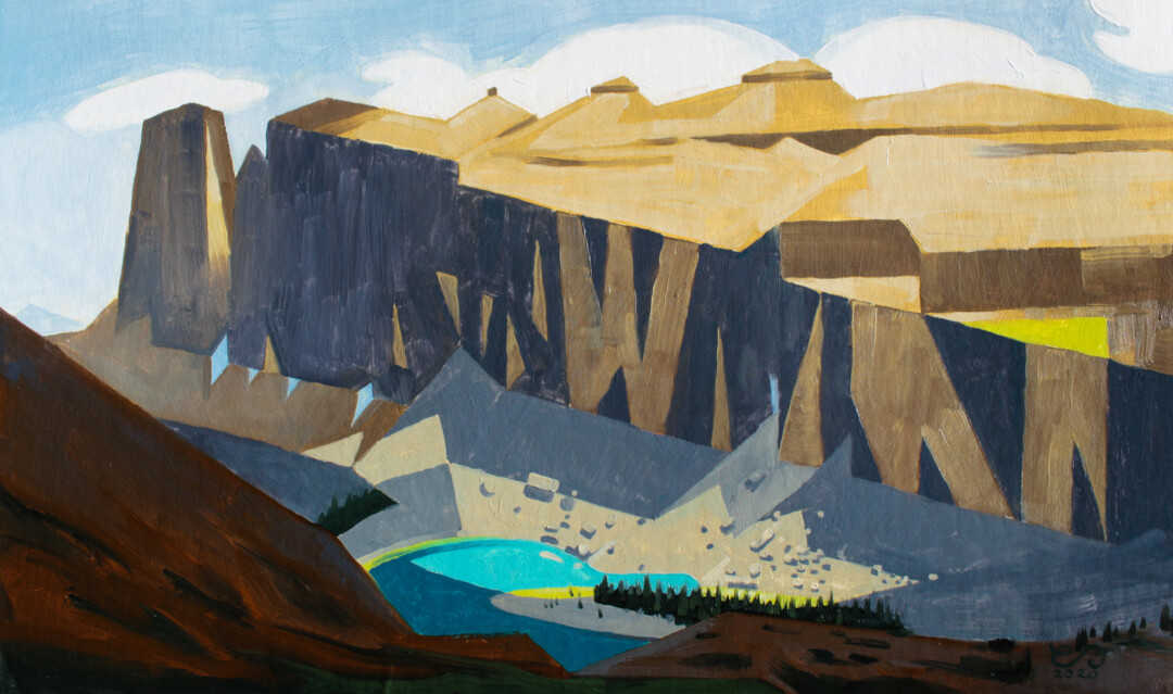 Oil on illustration board.<br>
15 x 9 in.<br><br>
<a href="https://portfolio.christianfrederiksen.com/product/miistukskoowa-2020/">Buy Prints</a><br><br>
A view of Eisenhower Peak and Rockbound Lake from the slopes of the eastern amphitheatre of Castle Mountain.