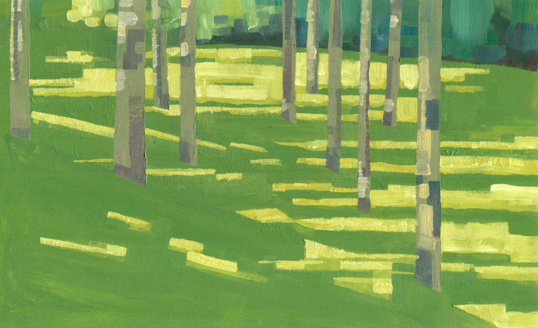 Oil on illustration board.<br>
11 x 6.5 in.<br><br>
Painted on location in Confederation Park.