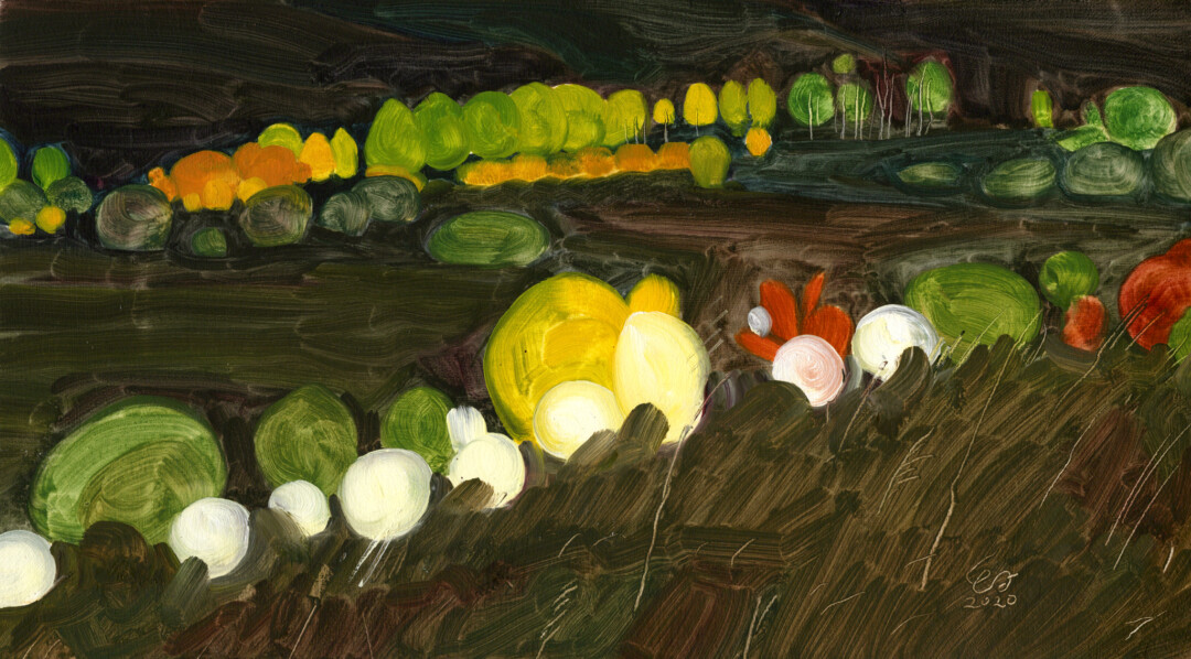 Oil on illustration board.<br>
14.25 x 8 in.<br><br>
<a href="https://portfolio.christianfrederiksen.com/product/jewel-landscape-iii-2020/">Buy Original</a><br><br>
Part of a series of landscapes done on location in Nose Hill, where I darken the hills and sky to call out the bright flora like strings of precious stones.