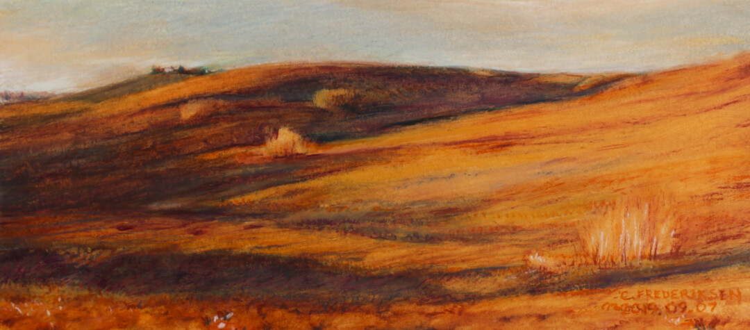 Oil pastel on illustration board.<br>
14.25 x 6.25 in.<br><br>
<a href="https://www.1stdibs.com/art/drawings-watercolor-paintings/landscape-drawings-watercolors/christian-frederiksen-canadian-contemporary-art-christian-frederiksen-gold-ocean/id-a_11620962/" target="_blank" rel="noopener">Buy Original</a><br><br>
Drawn from a photograph of Nose Hill.