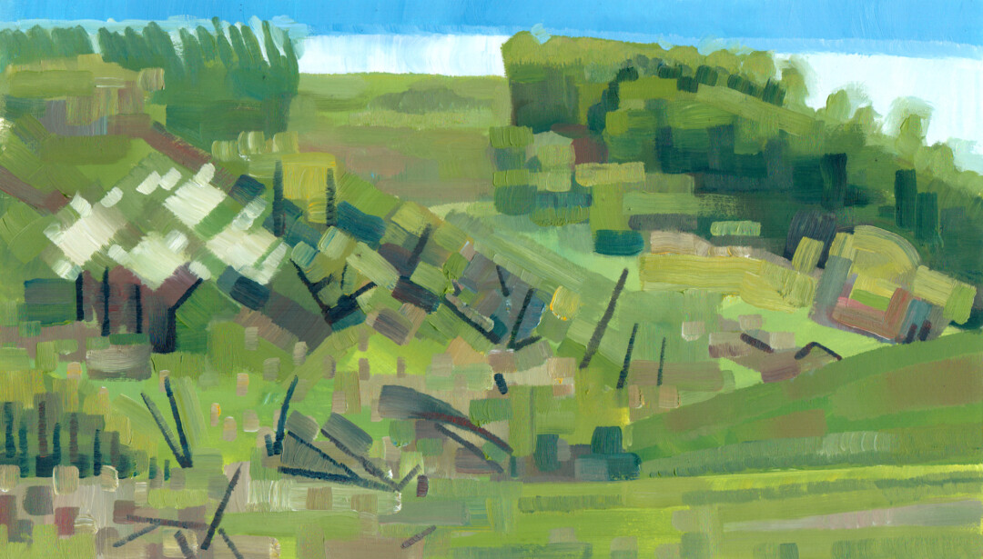 Oil on illustration board.<br>
11 x 6.25 in.<br><br>
<a href="https://portfolio.christianfrederiksen.com/product/busy-valley-2017/">Buy Original</a><br><br>
Painted on location at Nose Hill.