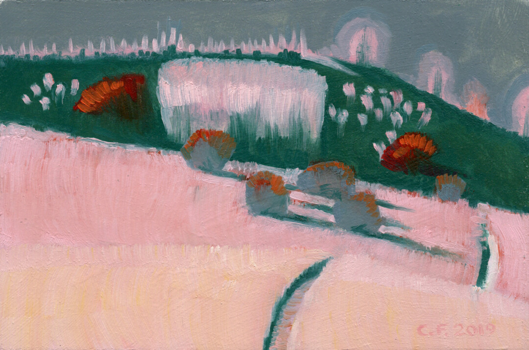 Oil on canvas panel.<br>
9 x 6 in.
<br><br>
<a href="https://portfolio.christianfrederiksen.com/product/candy-hills-2019/">Buy Original</a><br><br>
Painted on location at Nose Hill.