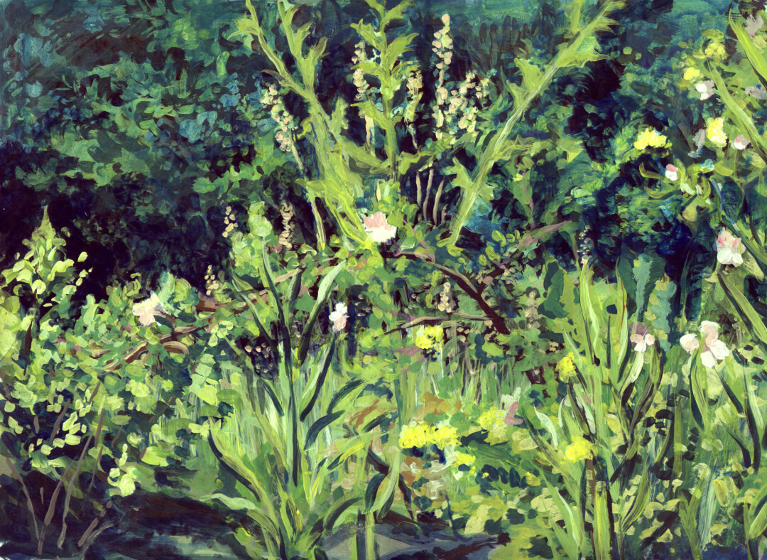 Acrylic on paper.<br>
11.8 x 8.5 in.<br><br>
Painted on location on a small island in Confederation Creek.