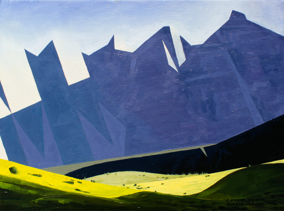 Oil and acrylic on wood panel.<br>
16 x 12 in.<br><br>
<a href="https://portfolio.christianfrederiksen.com/product/wenkchemna-pass-2019/">Buy Original</a><br><br>
Also known as Valley of the Ten Peaks.