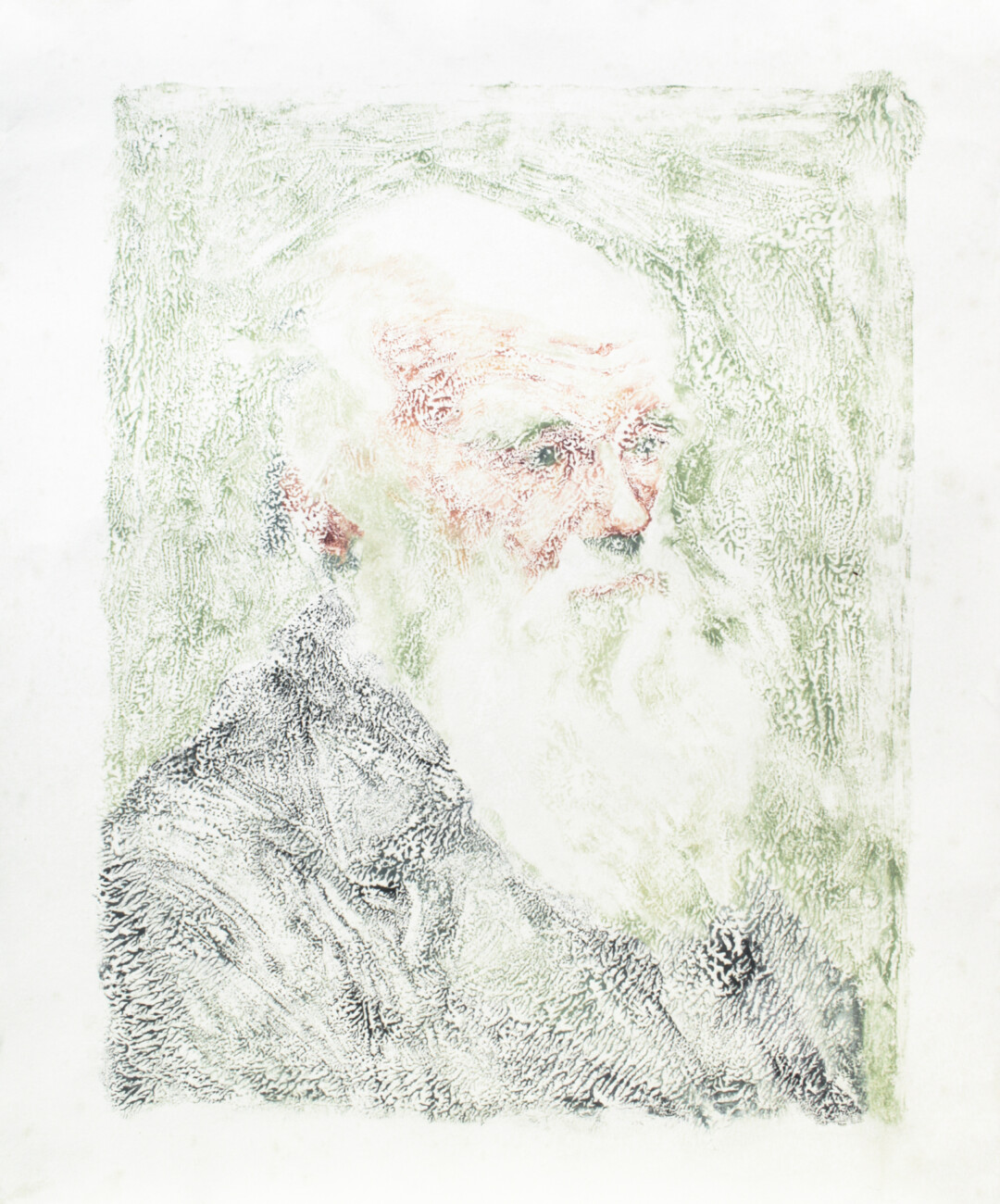 Oil monotype on paper.<br>
15 x 18 in.<br><br>
<a href="https://www.1stdibs.com/art/drawings-watercolor-paintings/figurative-drawings-watercolors/christian-frederiksen-canadian-contemporary-art-christian-frederiksen-darwin-ghost/id-a_11621102/">Buy Original</a><br><br>
In my monotype process, a painting exists for a while, you make an imprint of it, and the painting is wiped away. The chaotic tributaries bring to mind genealogy, lineages, and organic structures. After a photo by Leonard Darwin.