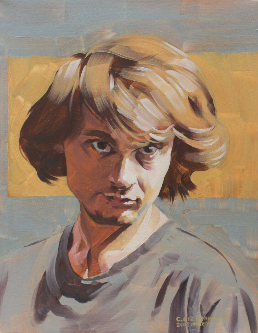 Oil on canvas.<br>
11 x 14 in.<br><br>
<a href="https://portfolio.christianfrederiksen.com/product/self-portrait-2018/">Buy Original</a><br><br>