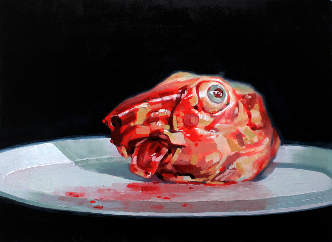 Oil on paper.<br>
9.5 x 7 in.<br><br>
A still life of a skinned rabbit head in the vein of <a href="https://www.google.com/search?q=monet+still+life+with+meat%3Eoq=monet+still+life+with+meat%3Eaqs=chrome.0.69i59l2j69i60l3.3490j0j4%3Esourceid=chrome%3Eie=UTF-8" target="_blank" rel="noopener">Monet's <i>Still Life with Meat</i></a>, but using a stock image from the internet as reference.
