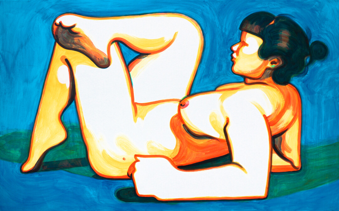 Acrylic on canvas.<br>
30 x 48 in.<br><br>
<a href="link">Buy Original</a><br><br>
One thing I'm exploring with my nude paintings is the unsettling human contradiction of being both a subject and an object. In the case of <i>Stellar Object</i>, I depict a human body with simple, elegant curves and rich layers of primary colour to make a kind of beautiful ornament of molten glass. It doesn't meet your gaze, just sits there like a hot ball of gas, but you can humanize it like we do the sun and stars because we know at some level we are made of the same stuff.