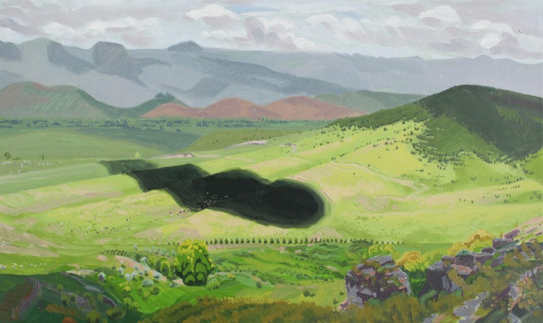 Oil on wood panel.<br>
30 x 50 cm.<br><br>
<a href="https://portfolio.christianfrederiksen.com/product/pastoral-scene-2022/">Buy Original</a><br><br>
Sunlit foothills and fields where animals graze, punctuated by a hole-like shadow gliding across the surface. Caves and holes were repeated motifs during my trip to <a href="https://www.google.com/search?q=agstafa+azerbaijan%3Esource=lnms%3Etbm=isch%3Esa=X%3Eved=2ahUKEwjQrfKU2Kv6AhUeATQIHY_UDUYQ_AUoAnoECAMQBA%3Ebiw=1920%3Ebih=947%3Edpr=1" target="_blank" rel="noopener">Agstafa</a>, and I use them to represent the lingering social and infrastructural problems found in this otherwise peaceful, pastoral paradise.