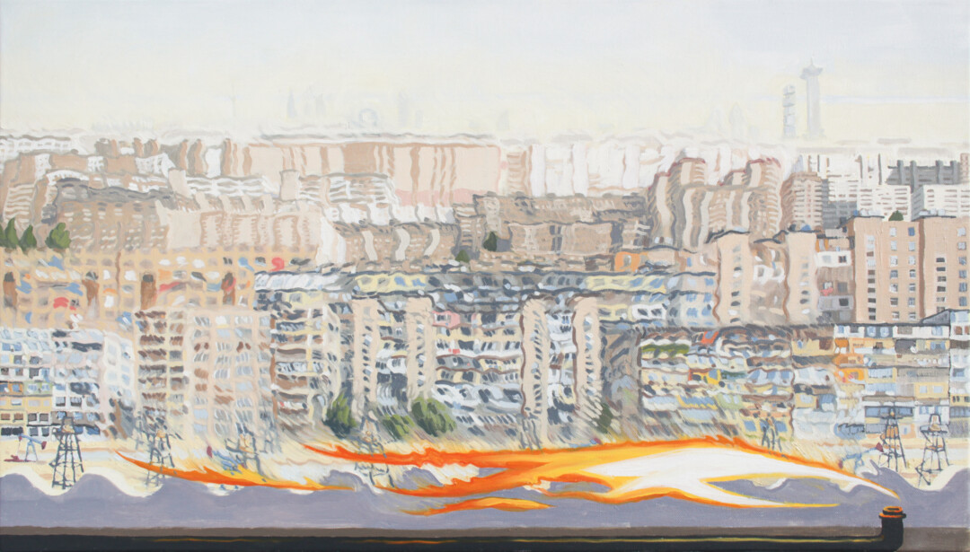 Oil on canvas.<br>
40 x 70 cm.
<br><br>
<a href="https://portfolio.christianfrederiksen.com/product/heat-mirage-2022/">Buy Original</a><br><br>
The Soviet apartment blocks, natural gas flares, and bold modern architecture of <a href="https://www.1stdibs.com/art/paintings/landscape-paintings/christian-frederiksen-canadian-contemporary-art-christian-frederiksen-winter-flatness/id-a_11620562/" target="_blank" rel="noopener">Baku</a> seen through the heat distortion of the 'eternal flame’ of the <a href="https://www.1stdibs.com/art/paintings/landscape-paintings/christian-frederiksen-canadian-contemporary-art-christian-frederiksen-winter-flatness/id-a_11620562/" target="_blank" rel="noopener">Ateshgah</a>. Baku is only possible because of the resources that fed those sacred fires, yet most Azerbaijanis don't feel they benefit from the oil and gas industry. The city is depicted as both an ancient premonition come to life and a mirage.