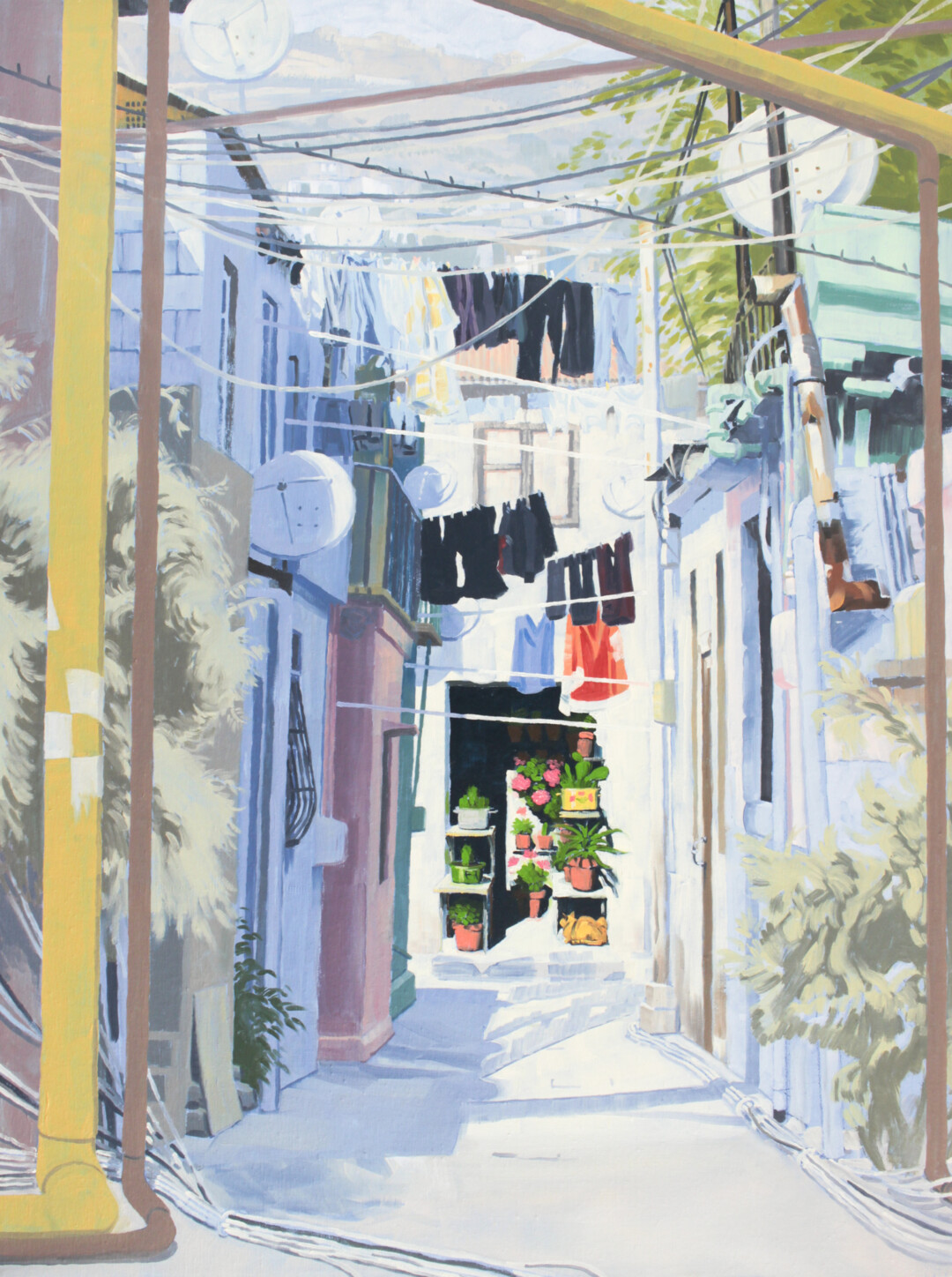 Oil on linen.<br>
80 x 60 cm.<br><br>
<a href="https://portfolio.christianfrederiksen.com/product/enfolded-2022/">Buy Original</a><br><br>
An imagined view from the heart of <a href="https://www.google.com/search?q=bayil+baku+azerbaijan%3Esource=lnms%3Etbm=isch%3Esa=X%3Eved=2ahUKEwj2z_rD2qv6AhXxCTQIHcaUDR8Q_AUoAnoECAEQBA%3Ebiw=1920%3Ebih=947%3Edpr=1" target="_blank" rel="noopener">Bayil</a>, composed of both the outer and inner layers of the neighborhood. Finding a house here feels like delving into a labyrinth. Each turn into a narrow side street obscures more of the sky and brings you to places hidden away from the cliff-top villas hanging overhead, to where people take care of the simple daily tasks that make life more dignified. The focal scene of lively plants, a cat, and hanging clothes draws the gaze inward using unrealistic perspective and a shift in contrast and vibrancy, giving a sense of being hemmed in, and of warm invitation.
