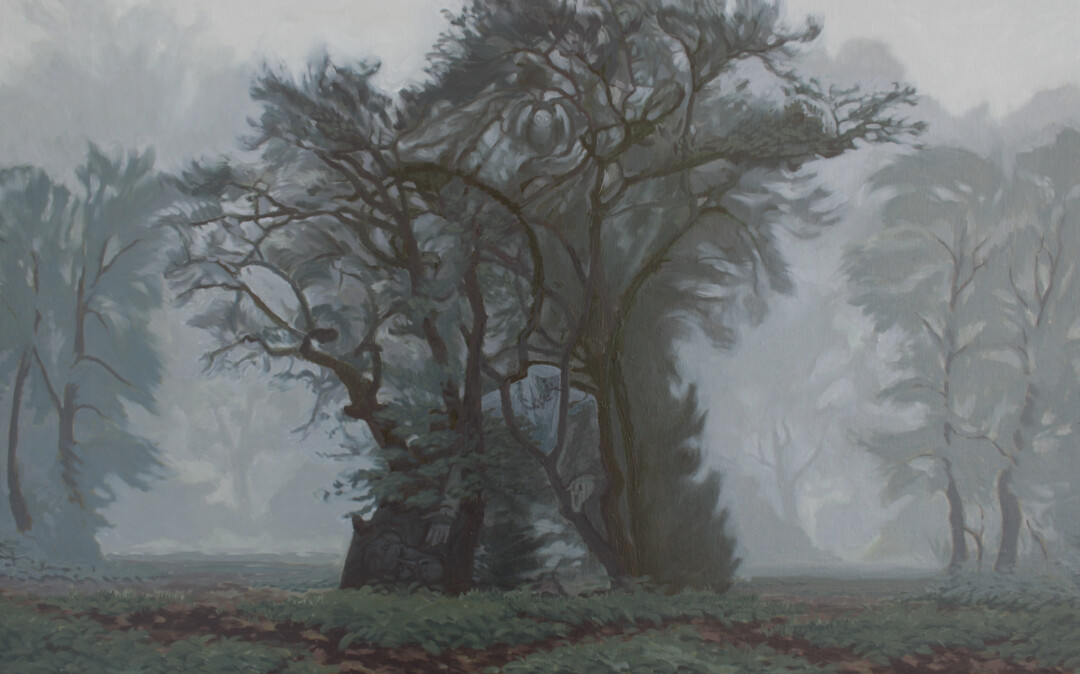 Oil on linen.<br>
50 x 80 cm.<br><br>
<a href="https://portfolio.christianfrederiksen.com/product/gray-zone-2022/">Buy Original</a><br><br>
The woods near <a href="https://www.google.com/search?q=goygol+azerbaijan%3Esource=lnms%3Etbm=isch%3Esa=X%3Eved=2ahUKEwiy3ajy2av6AhX3ATQIHS1SADgQ_AUoAnoECAIQBA%3Ebiw=1920%3Ebih=947%3Edpr=1" target="_blank" rel="noopener">Goygol</a>, filled with dense fog. Many people in the former border areas around <a href="https://en.wikipedia.org/wiki/Ganja,_Azerbaijan" target="_blank" rel="noopener">Ganja</a> still live in a war-time state of fear and uncertainty. A resident of a nearby village chased away our prying cameras, while Goygol hid itself in a cloud, away from our gaze. I learned how <a href="https://www.reuters.com/article/us-azerbaijan-protests-insight-idUSKBN1KR0EY" target="_blank" rel="noopener">a desperate man once tried to kill the corrupt former mayor of Ganja</a>, stories of <a href="https://en.wikipedia.org/wiki/Nizami_Ganjavi" target="_blank" rel="noopener">Nizami's</a> head being stolen by the Russians, and of the current flight of creatives and intellectuals away from Ganja. The negative spaces in the branches carve out the sinister forms of predatory animals and headless poets.