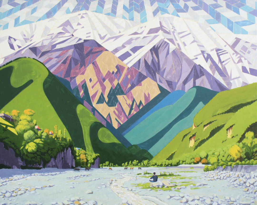 Oil and acrylic on linen.<br>
80 x 100 cm.<br><br>
<a href="https://portfolio.christianfrederiksen.com/product/titanic-potential-2022/">Buy Original</a><br><br>
The icy peaks of the <a href="https://www.google.com/search?q=greater+caucasus%3Esource=lmns%3Ebih=947%3Ebiw=1920%3Ehl=en%3Esa=X%3Eved=2ahUKEwiMn-qv-_n6AhWwLDQIHbmeClkQ_AUoAHoECAEQAA" target="_blank" rel="noopener">Greater Caucasus</a> looming over a river notorious for flash floods. For now the <a href="https://www.google.com/search?q=kish+azerbaijan%3Esource=lnms%3Etbm=isch%3Esa=X%3Eved=2ahUKEwi4mfOf2av6AhV9LzQIHUz_AIwQ_AUoAnoECAIQBA%3Ebiw=1920%3Ebih=947%3Edpr=1" target="_blank" rel="noopener">Kish</a> River is just a trickle, allowing cows to wander through the gully, and an artist to take advantage of the view. The mountains are patterned like the geometric mirrors found in the <a href="https://www.google.com/search?q=palace+of+shaki+khans%3Esource=lnms%3Etbm=isch%3Esa=X%3Eved=2ahUKEwiAkMOV2av6AhXgIzQIHUrtCJsQ_AUoAXoECAMQAw%3Ebiw=1920%3Ebih=947%3Edpr=1" target="_blank" rel="noopener">Palace of Sheki Khans</a>, in order to relate the power of the mountains (which can wash away the town) to the power of the Khan (who can sever the hands of the artist who decorated his palace). This artist reminds me of Tural (<a href="https://www.instagram.com/moyufov/" target="_blank" rel="noopener">@moyufov</a>), who struggled to become an artist against the opinions of family and society, and of the Titan Prometheus, who was exiled in these mountains. The cows walking between the artist and the mountain refer to Tural’s grandmother, who supported his dreams by selling milk and cheese.
