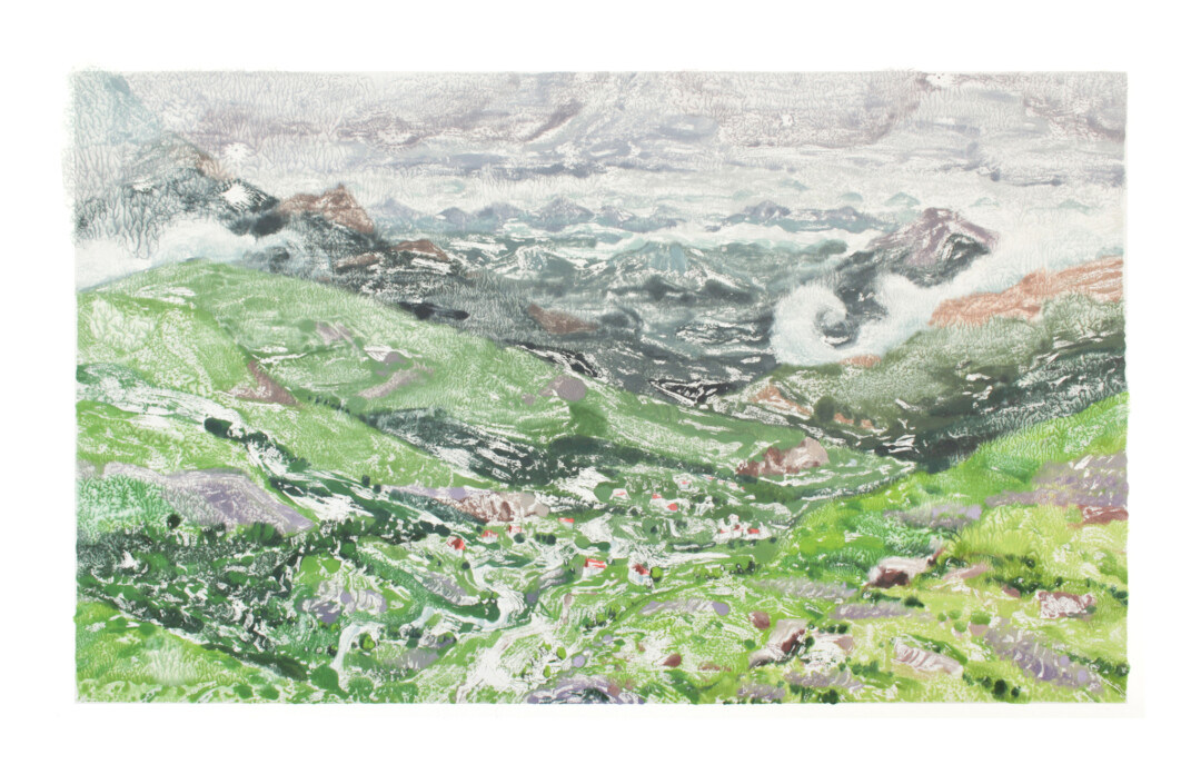 Oil monotype on paper.<br>
49 x 76 cm.<br><br>
<a href="https://portfolio.christianfrederiksen.com/product/searching-for-lachin-2022/">Buy Original</a><br><br>
A <a href="https://en.wikipedia.org/wiki/Lachin" target="_blank" rel="noopener">Lachin</a>-like landscape of rolling green hills, silvery mountains, and red rooftops. Due to the presence of landmines, I could not travel to Lachin with <a href="https://www.instagram.com/yusifmirza2020/?fbclid=IwAR1hoxZPOGSw3Tudby8FRRFhWM709byZhHkxsJy8tKCmhZ52tVlLie-_gfc" target="_blank" rel="noopener">Yusif Mirza.</a> Instead, I learned about Lachin through his stories, paintings, and photos. The monotype technique turns the landscape into a ghostly impression, like my vague mental image of the place.