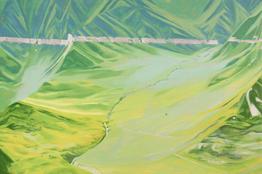 Oil on linen.<br>
40 x 60 cm.<br><br>
<a href="https://portfolio.christianfrederiksen.com/product/sea-of-fertility-2022/">Buy Original</a><br><br>
The foothills near <a href="https://www.google.com/search?q=laza+azerbaijan%3Esource=lnms%3Etbm=isch%3Esa=X%3Eved=2ahUKEwjtqJ3a2qv6AhWxMjQIHfvYA5QQ_AUoAnoECAIQBA%3Ebiw=1920%3Ebih=947%3Edpr=1" target="_blank" rel="noopener">Laza</a>, which seem to be draped in green velvet. The richness and fertility of these mountains pours down on you, and this plenitude was reflected in the overwhelming hospitality I received on my trip to <a href="https://en.wikipedia.org/wiki/Qusar_District" target="_blank" rel="noopener">Qusar</a>. The landscape is depicted without sky or foreground. The soft, undulating mountainside takes up the entire field of view, so that the observer might feel they could reach out and touch it.