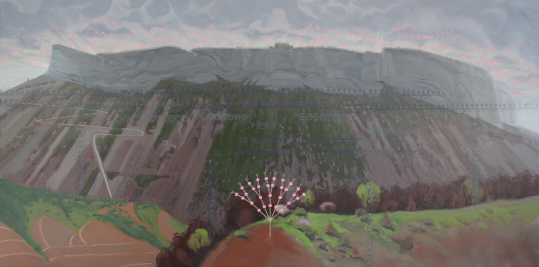 Oil on linen.<br>
80 x 160 cm.<br><br>
<a href="https://portfolio.christianfrederiksen.com/product/the-fortress-city-2022/">Buy Original</a><br><br>
The cliffs of <a href="https://en.wikipedia.org/wiki/Shusha" target="_blank" rel="noopener">Shusha</a> as seen from the new Victory Road. At this time, Shusha was still inaccessible to most people due to both security restrictions and its inherent nature as a fortress city built on a mountain. The carpet ornaments act as symbols, telling the story of my experience there and things that <a href="https://www.facebook.com/ramiz.abbasov.3" target="_blank" rel="noopener">Ramiz Abbasov</a> shared with me about his home. The fences of <a href="https://www.yashar-bish.com/rug-motifs-symbols-and-meaning.html" target="_blank" rel="noopener">"mullah basha"</a> evoke borders, protection, and obstruction. Fractured running water (axan su) ornaments refer to mineral springs that have run dry. Bird ornaments trace a hopeful song in the sky, and the tree of life takes the form of a cherry blossom tree with a flower for each year that Shusha’s residents have been unable to return home.