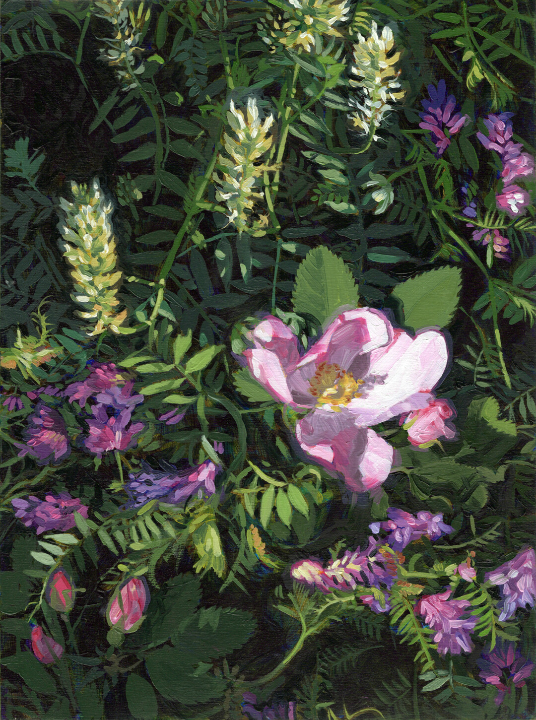 Oil and acrylic on wood panel.<br>
12 x 9 in.<br><br>
<a href="https://portfolio.christianfrederiksen.com/product/among-the-vetches-2023/">Buy Original</a><br><br>
Study made in preparation for <i><a href="https://portfolio.christianfrederiksen.com/wp-content/uploads/2024/05/cfrederiksen_mingling.jpg" target="_blank" rel="noopener">Mingling in Evening Light</a></i>.