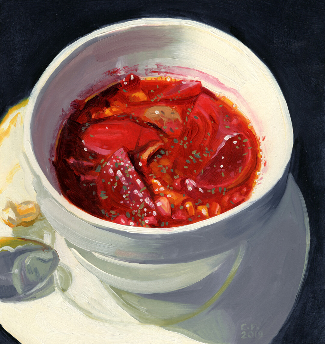 Oil on illustration board.<br>
9.25 x 10 in.<br><br>
<a href="https://portfolio.christianfrederiksen.com/product/beet-soup-2019/">Buy Original or Prints</a><br><br>