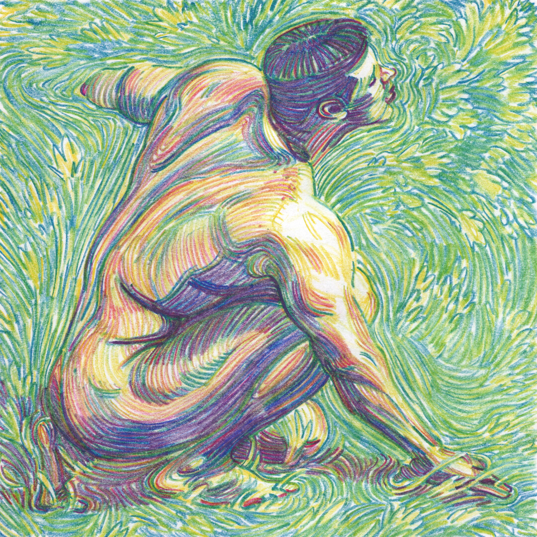 Chalk pastel on paper.<br>
9 x 9 in.<br><br>
<a href="https://portfolio.christianfrederiksen.com/product/figure-coalescing-with-nature-2023/">Buy Original or Prints</a><br><br>