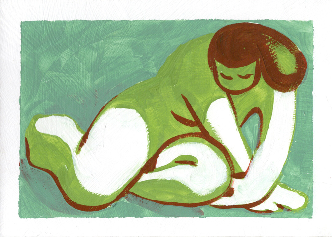 Acrylic on illustration board.<br>
5 x 7 in.<br><br>
<a href="https://portfolio.christianfrederiksen.com/product/green-lady-2023/">Buy Original or Prints</a><br><br>