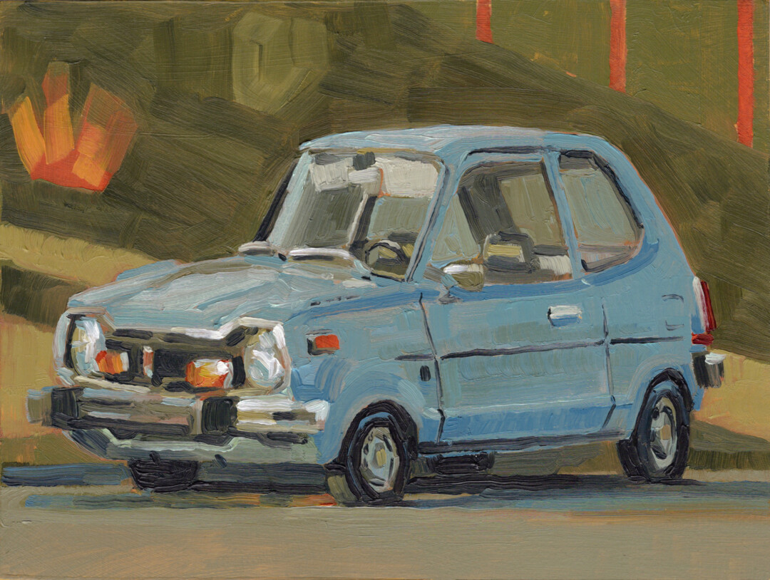 Oil on wood panel.<br>
6 x 8 in.<br><br>
<a href="https://portfolio.christianfrederiksen.com/product/cute-blue-hatchback-2024/">Buy Original</a><br><br>
