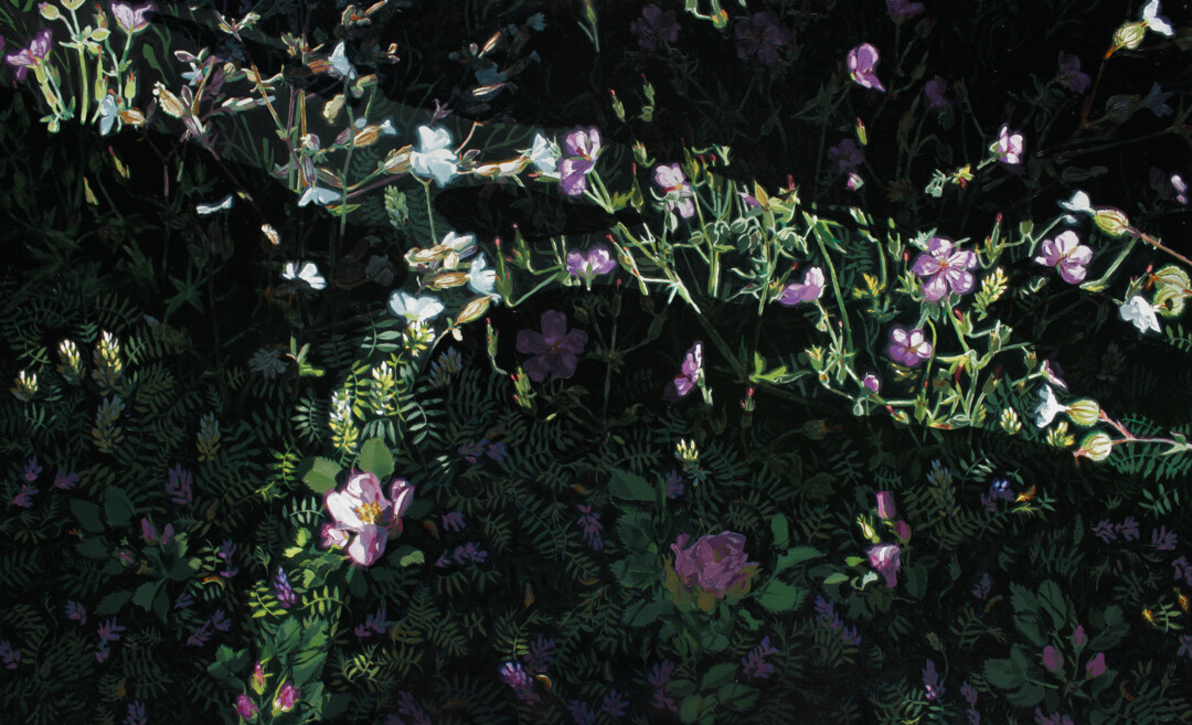 Oil and acrylic on wood panel.<br>
36 x 22 in. <br><br>
<a href="https://portfolio.christianfrederiksen.com/product/mingling-in-evening-light-2023/">Buy Original</a><br><br>
I'm interested in the visual textures of reflected and refracted light found when observing plants close-up. I connected this interest to the Fort Calgary site by noting how the existence of both native and introduced plant species in the area hints at the human stories there. In creating this painting, I wanted to explore the tension that arises when attempting to use a map (the confluence of the Bow and Elbow rivers) to arrange the chaotic flora that actually grow on the riverbanks.