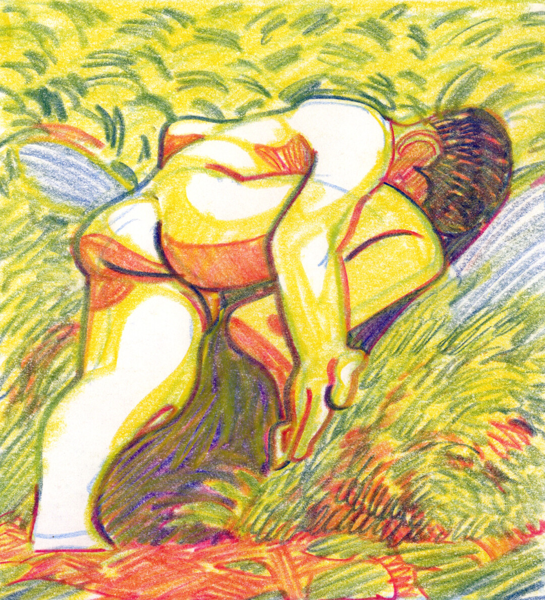 Chalk pastel on paper.<br>
6.8 x 6.4 in.<br><br>
<a href="https://www.artsy.net/artwork/christian-frederiksen-figure-in-nature-primaries" target="_blank" rel="noopener">Buy Original</a><br><br>
