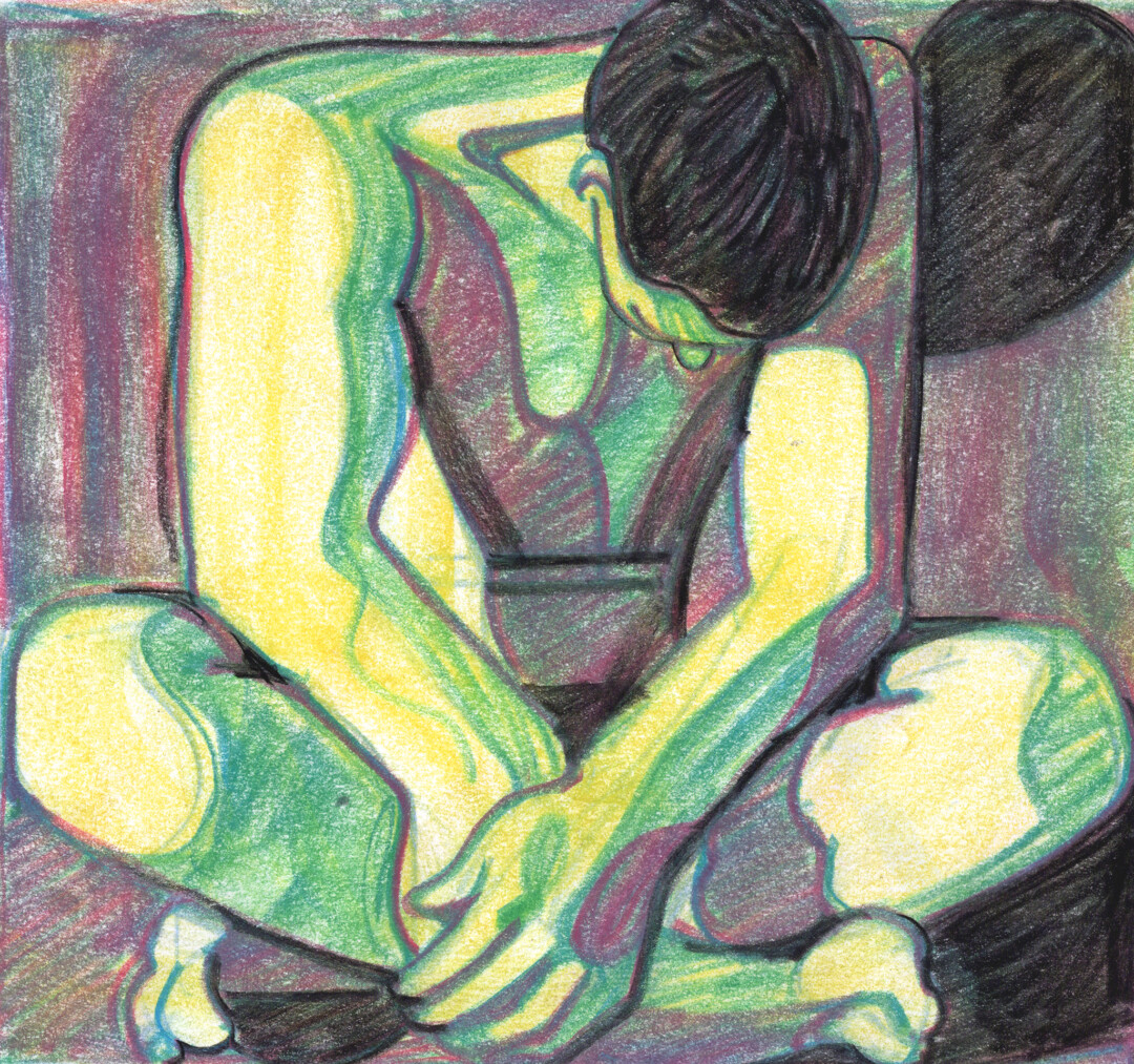 Chalk pastel on paper.<br>
8.3 x 8.9 in.<br><br>
<a href="https://portfolio.christianfrederiksen.com/product/hunched-figure-2023/">Buy Original</a><br><br>