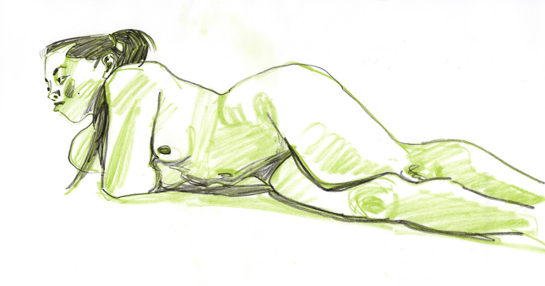 Chalk pastel on paper.<br>
9.8 x 18.6 in.<br><br>
<a href="https://portfolio.christianfrederiksen.com/product/nude-study-2023/">Buy Original</a><br><br>