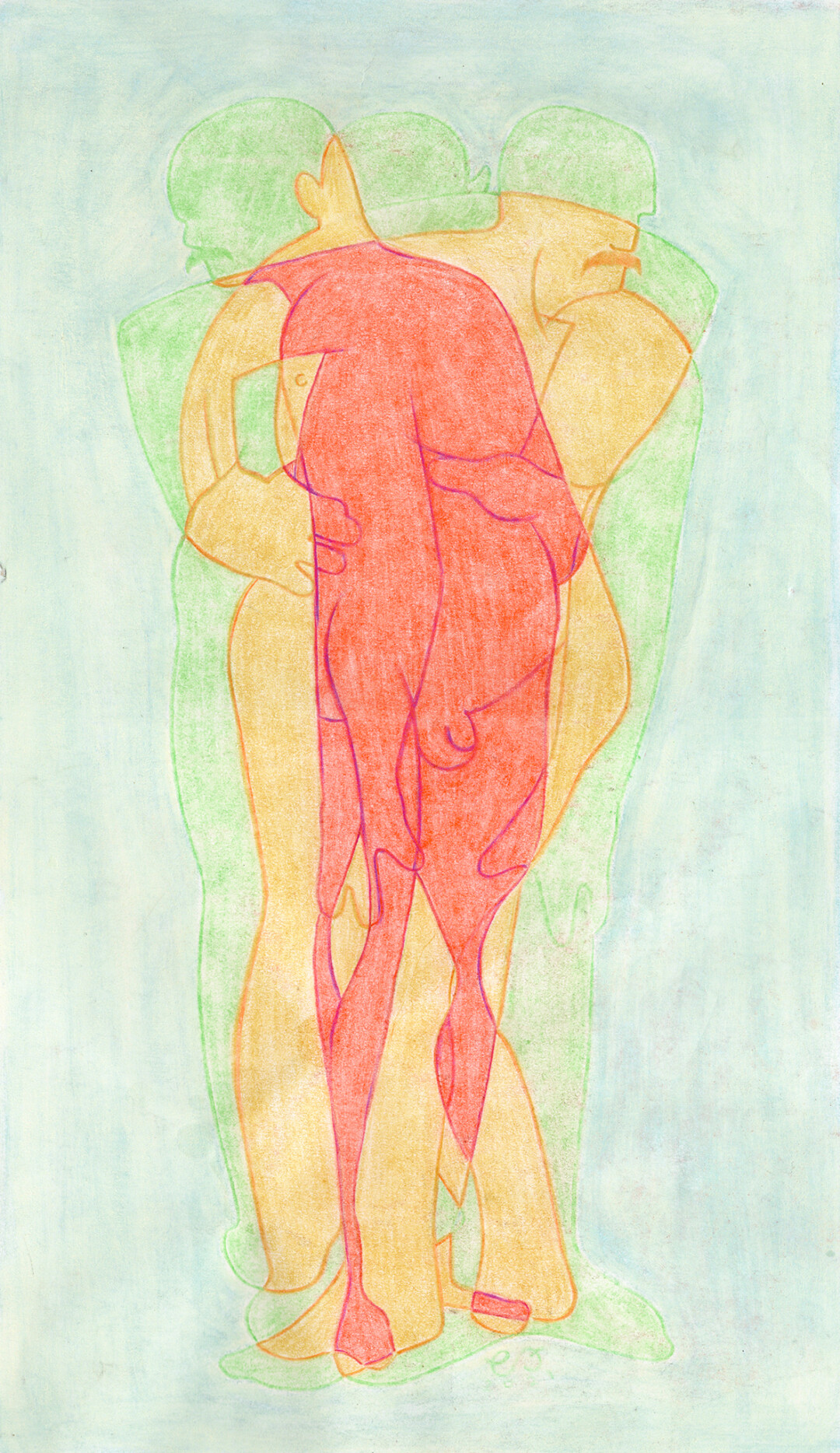 Soft pastel on paper.<br>
9.5 x 16 in.<br><br>
<a href="https://portfolio.christianfrederiksen.com/product/standing-man-three-angles-2021/">Buy Original</a><br><br>
Taking a core concept of cubism quite literally, I superimposed three drawings of a figure from different angles, revealing an abstract shape: the volume shared by all three rotations.