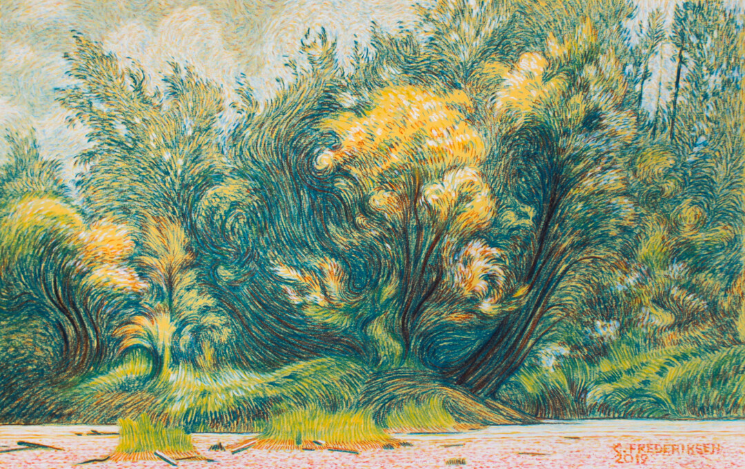 Soft pastel on coloured paper.<br>
21 x 14 in.<br><br>
<a href="https://www.1stdibs.com/art/drawings-watercolor-paintings/figurative-drawings-watercolors/christian-frederiksen-canadian-contemporary-art-christian-frederiksen-sweltering-marsh/id-a_13750262/" target="_blank" rel="noopener">Buy Original</a><br><br>
Developed from a drawing session done on location in northern Alberta. I was thinking of van Gogh and trying to reflect my emotional experience through mark-making and visual movement.