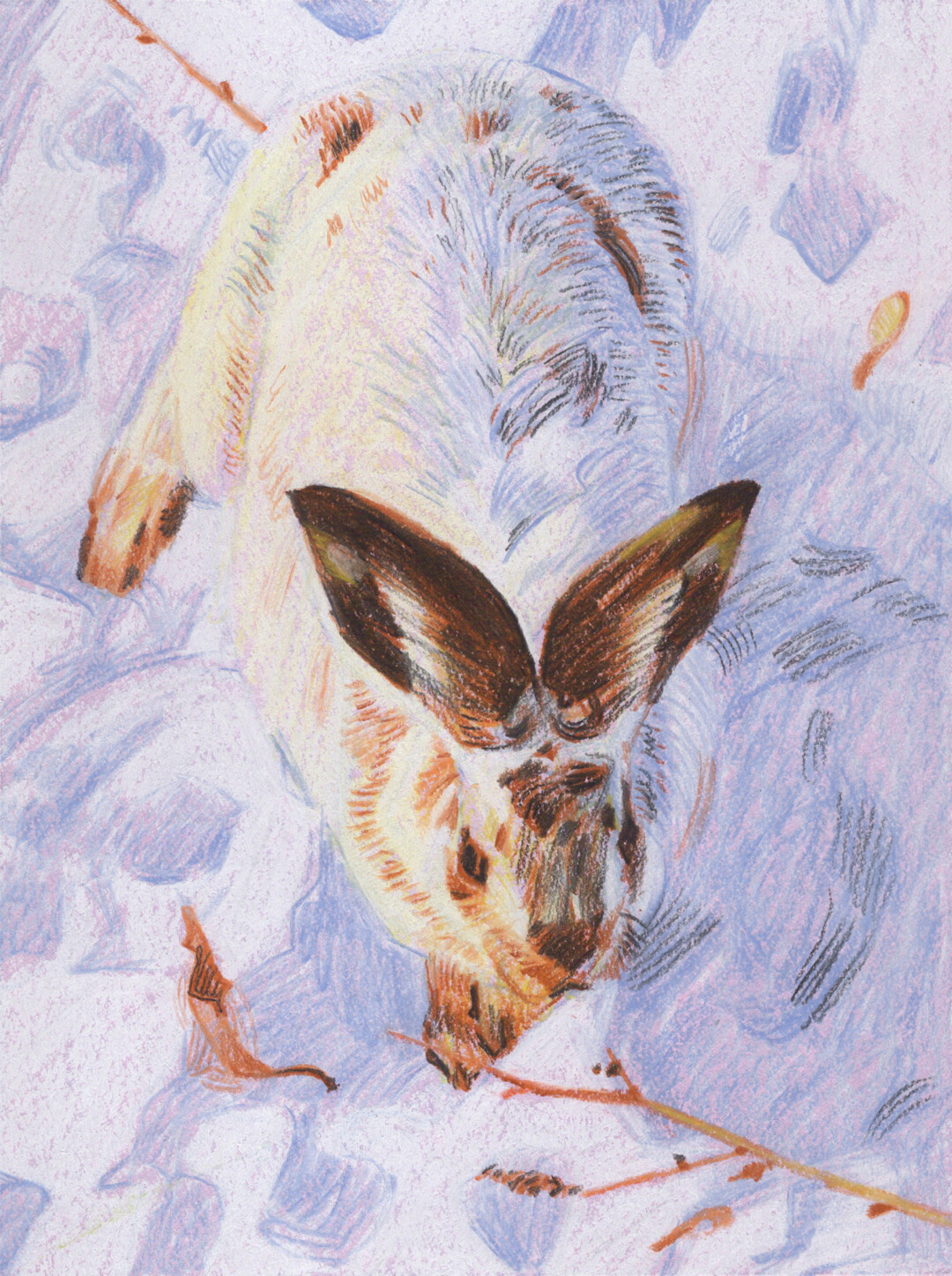 Chalk pastel and watercolour on illustration board.<br>
8 x 6 in.<br><br>
<a href="https://portfolio.christianfrederiksen.com/product/wintery-hare-2023/">Buy Original or Prints</a><br><br>